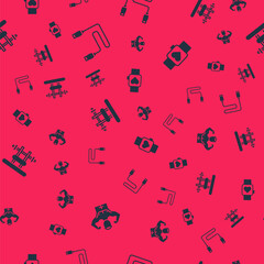 Set Bodybuilder muscle, Jump rope, Bench with barbel and Smart watch on seamless pattern. Vector