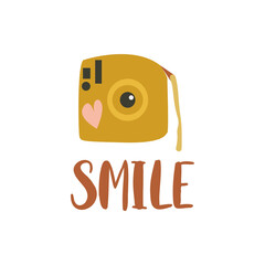 The inscription is smile and the camera is yellow. Vector illustration on white background. 
