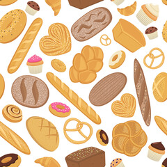 Seamless flat  vector pattern, various types of bread, buns, bagels, donut, muffin. Pattern for bakery banner, site, landing page. Large pastry collection. Realistic vector illustration.