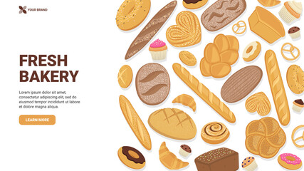 Flat vector realistic illustration, various types of bread, buns, bagels, donut, muffin. Graphics for bakery banner, site, landing page, hero image. Large pastry collection. Website concept.