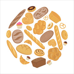 Flat vector illustration, realistic various types of bread, buns, bagels, donut, muffin. Graphics for bakery banner, site, landing page. Large pastry collection. Bread in circle.