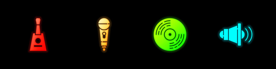 Set Balalaika, Microphone, Vinyl disk and Speaker volume icon. Vector