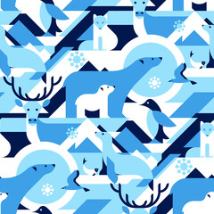 Animals in Arctical, Polar - abstract vector pattern, seamless with polar bear, arctic fox, bird, penguin, fish, reindeer, seal. Perfect for fabric, textile, wallpaper.