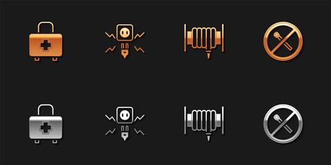 Set First aid kit, Electricity spark, Fire hose reel and No fire match icon. Vector