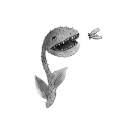  black and white venus flytrap, illustration drawn in watercolor and pencil with natural motion blur, funny character, catches a fly