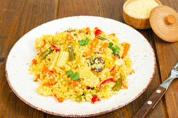 Vegetarian menu. Couscous dishes with vegetables. Photo