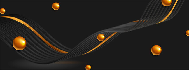 Bronze glossy spheres and black waves abstract geometric background. Modern vector banner design