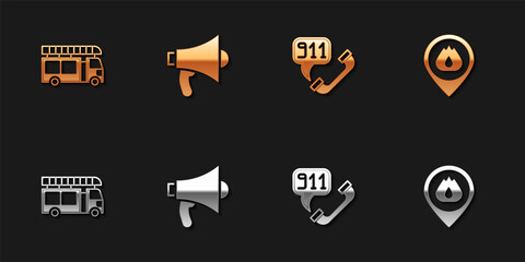 Set Fire truck, Megaphone, Telephone call 911 and Location with fire flame icon. Vector