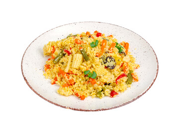 Traditional arabic salad tabbouleh with couscous, vegetables in plate isolated on white background.