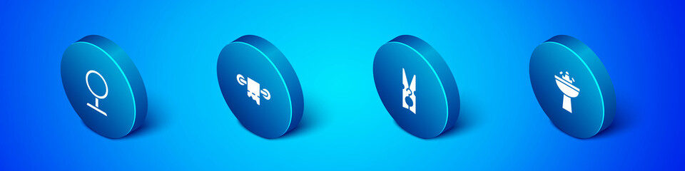 Set Isometric Round makeup mirror, Clothes pin, Washbasin with water tap and Toilet paper roll icon. Vector