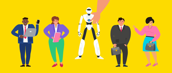 human hand picking a robot humanoid business people recruitment artificial intelligence technology vector illustration