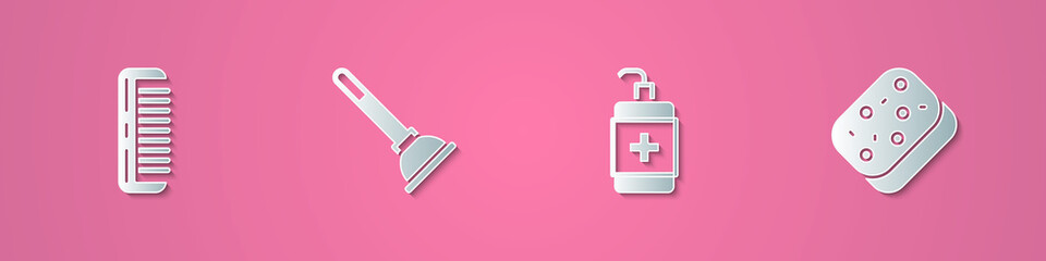 Set paper cut Hairbrush, Rubber plunger, Hand sanitizer bottle and Sponge icon. Paper art style. Vector