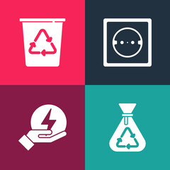 Set pop art Garbage bag with recycle, Lightning bolt, Electrical outlet and Recycle bin icon. Vector