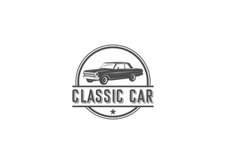 vintage car logo with classic car illustration on white background