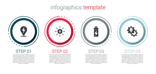 Set Lightning bolt, Solar energy panel, Battery and Leaf plant gear machine. Business infographic template. Vector