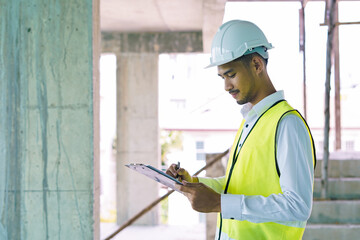 Civil engineer or inspector work in construction site to control planning and inspection residential house building project development with smart tablet computer for contractor company
