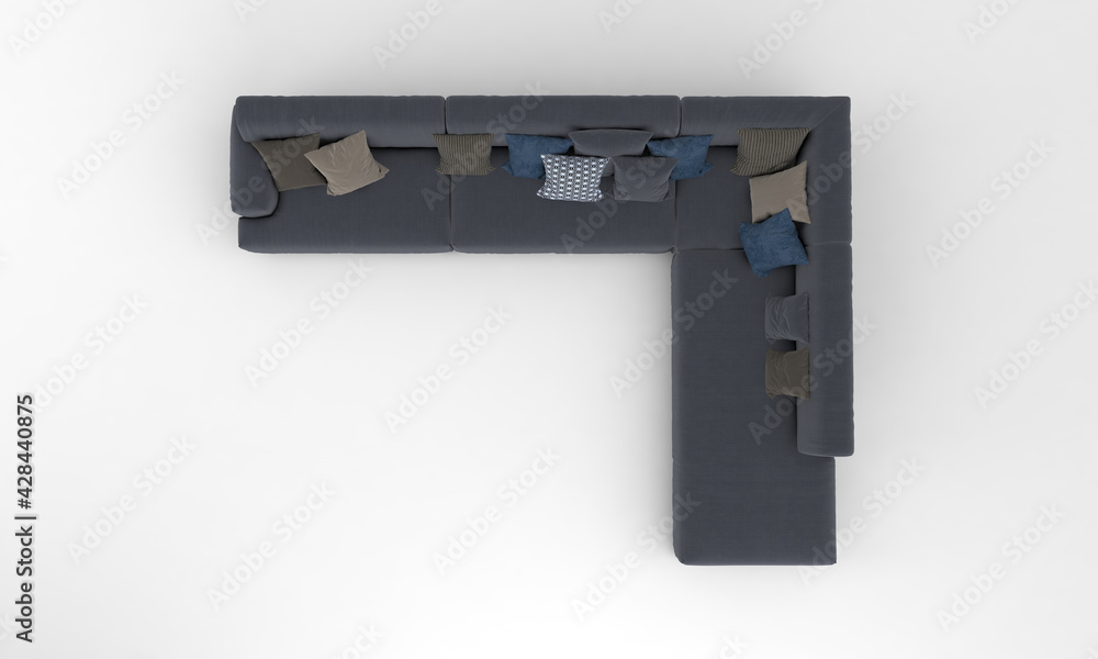 Poster 3d rendering of a modern dark gray corner sofa with many pillows isolated on white background