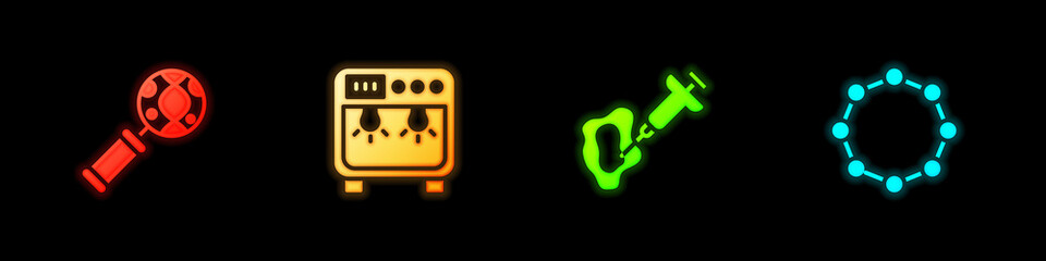Set DNA research, search, Biosafety box, Syringe and Chemical formula icon. Vector