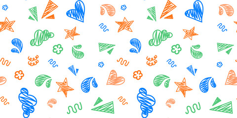 simple children's doodles on the theme of childhood. a seamless pattern of children's pictures of hearts, stars, clouds, splashes, strokes. Perfect for children's wallpaper or textiles. vector EPS
