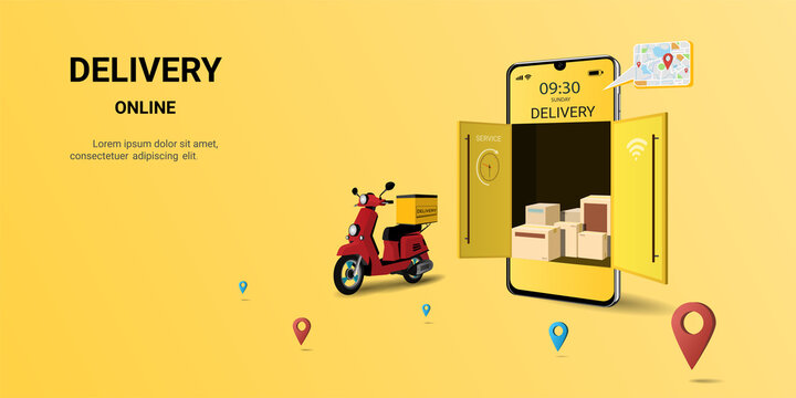 Fast delivery service by scooter on mobile, Online order, E-commerce, Smart Logistic. Concept for website, banner and mobile website. 3D Perspective Vector illustration
