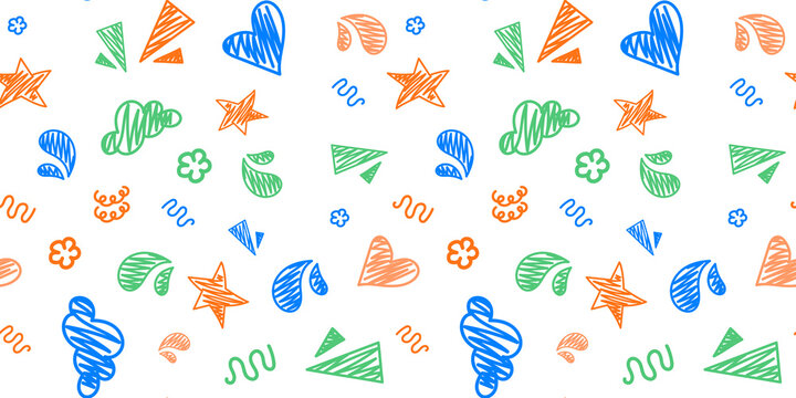 simple children's doodles on the theme of childhood. a seamless pattern of children's pictures of hearts, stars, clouds, splashes, strokes. Perfect for children's wallpaper or textiles. vector EPS