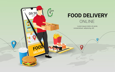 Delivery man Holding food on mobile phone. Fast online delivery service. Online food order. Internet e-commerce. concept for website or banner. 3D Perspective Vector illustration