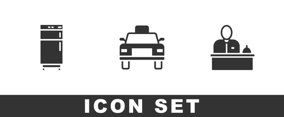 Set Refrigerator, Taxi car and Hotel reception desk icon. Vector