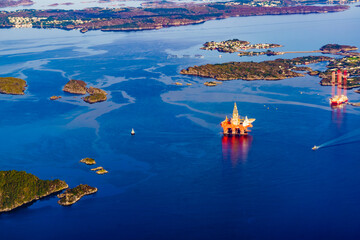 View from airplane to drill platform, Norway
