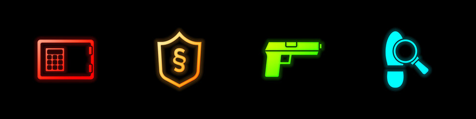 Set Safe, Justice law in shield, Pistol or gun and Footsteps icon. Vector