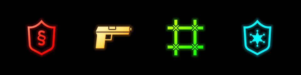Obraz premium Set Justice law in shield, Pistol or gun, Prison window and Police badge icon. Vector