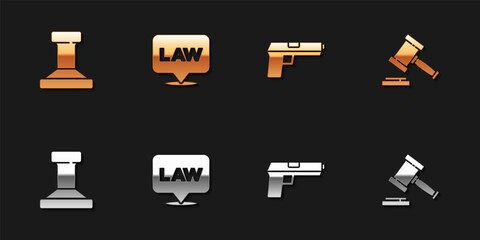 Set Stamp, Location law, Pistol or gun and Judge gavel icon. Vector