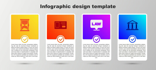Set Old hourglass, Identification badge, Location law and Courthouse building. Business infographic template. Vector