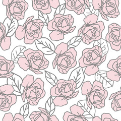 Drawn flowers and leaves. Hand-drawn blossom. Outline drawing of a plant, rose bush. Modern background with a botanical illustration. Elegant seamless vector pattern. Wrapping paper design, textile.