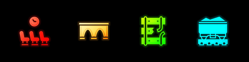Set Waiting room, Bridge for train, Broken rails on railway and Coal wagon icon. Vector