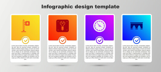 Set Road traffic signpost, Repair of railway, Train station clock and Bridge for train. Business infographic template. Vector