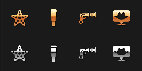 Set Starfish, Spyglass telescope lens, Vintage pistols and Location pirate icon. Vector