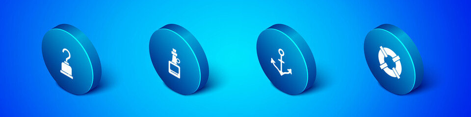 Set Isometric Pirate hook, Anchor, Lifebuoy and Alcohol drink Rum icon. Vector