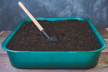 Preparation of garden soil for seedlings. Peat is in green container on table. Home spring...