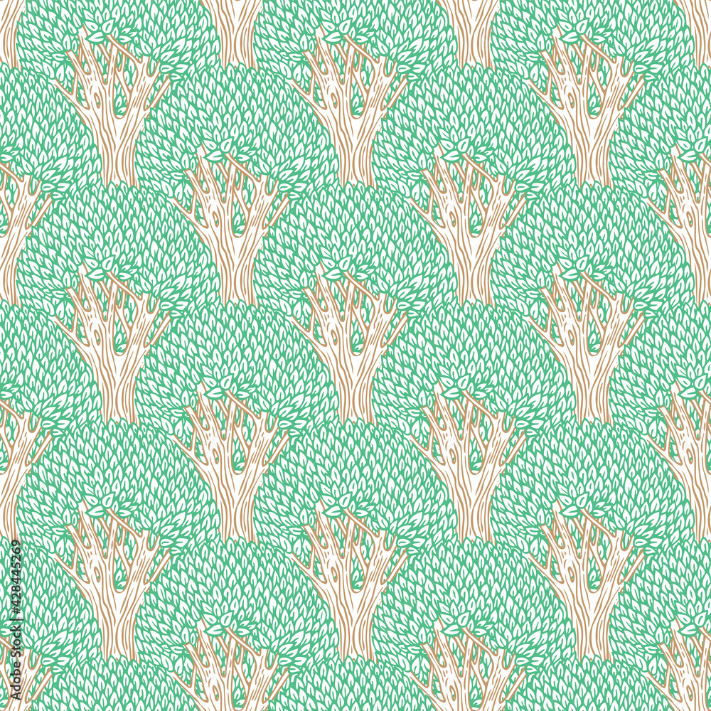 Aufkleber vector seamless pattern with colored contour drawings of deciduous trees. decorative repeating backg