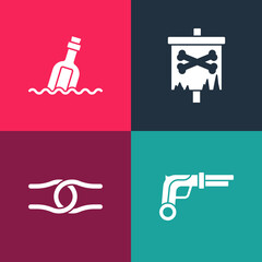 Set pop art Vintage pistols, Rope tied knot, Pirate flag and Bottle with message water icon. Vector