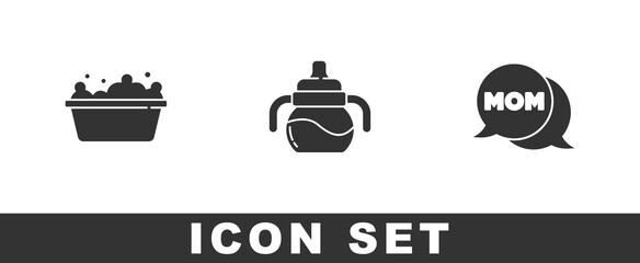Set Baby bathtub, bottle and Speech bubble mom icon. Vector