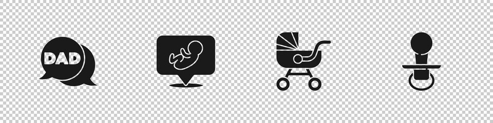 Set Speech bubble dad, Baby, stroller and dummy pacifier icon. Vector