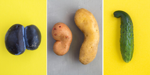 Collage of ugly food. Plum, potato and cucumber on the colored  background. - obrazy, fototapety, plakaty
