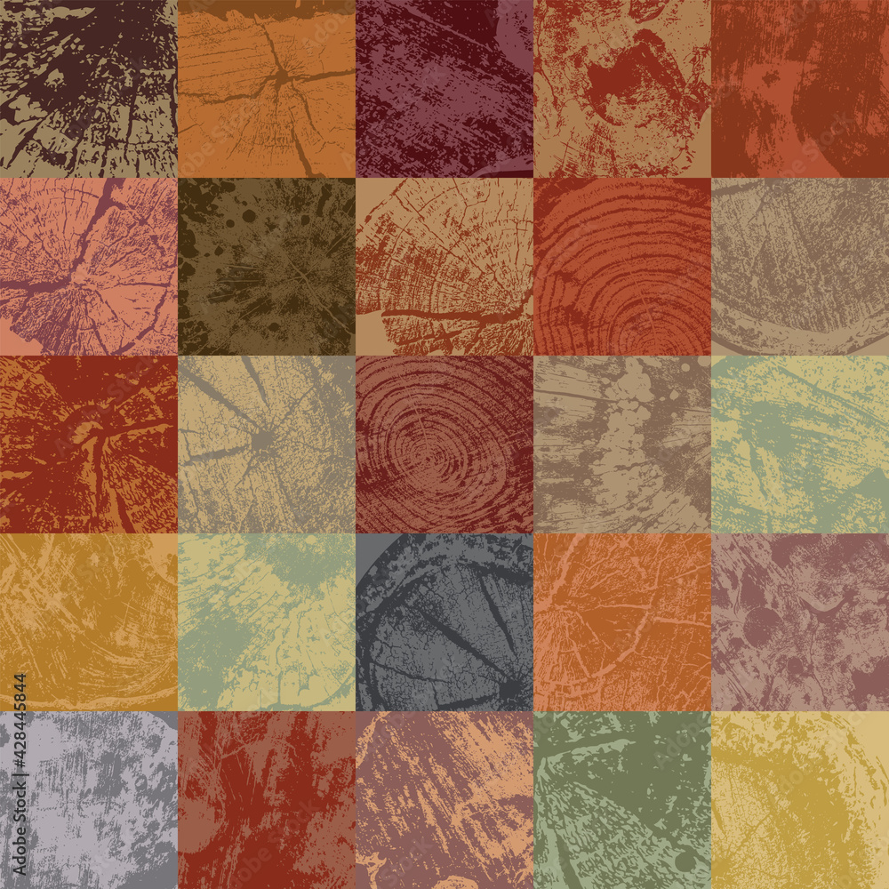 Poster abstract seamless pattern with realistic wood saw cuts and cross-sections. colored mosaic background