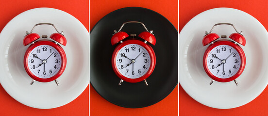 Collage of red alarm clock on the white and black plate on the red background. Top view.