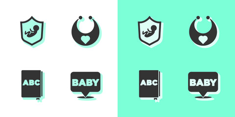 Set Baby, on shield, ABC book and bib icon. Vector