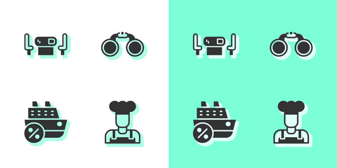 Set Cook, Poker table, Cruise ship and Binoculars icon. Vector