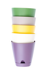 Multicolored plants pots isolated on white background