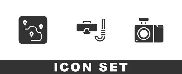 Set Route location, Diving mask and snorkel and Photo camera icon. Vector