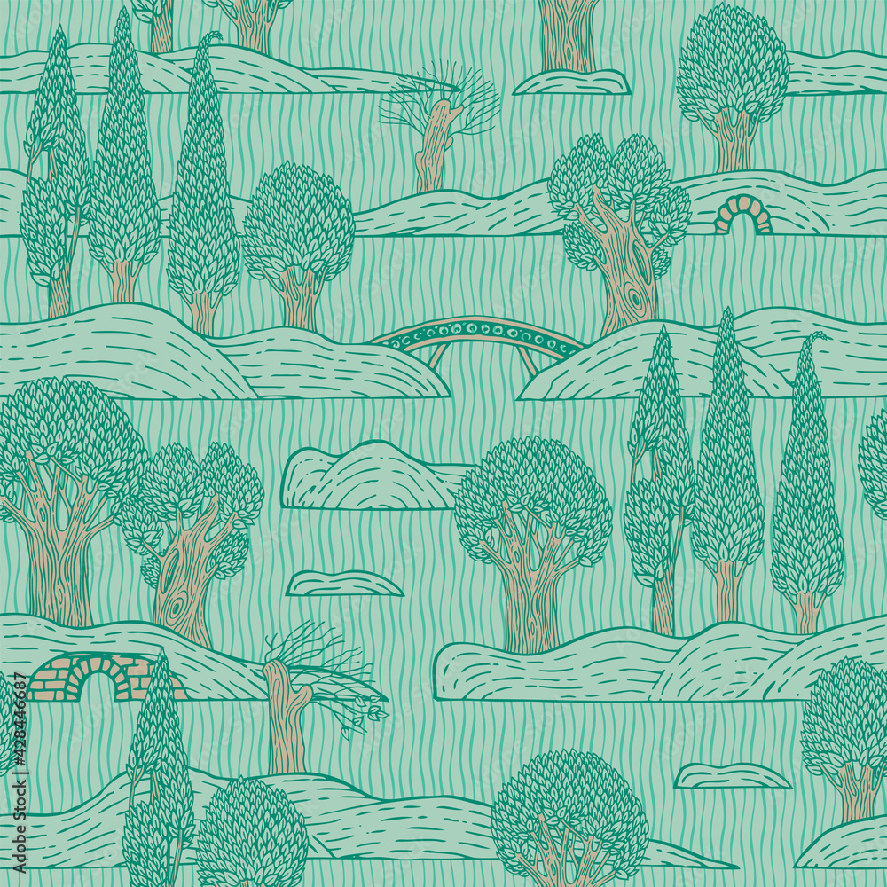 Aufkleber decorative seamless pattern with cartoon trees, islands and bridges on a backdrop with wavy pattern.